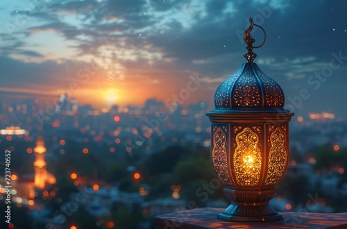Glowing Lamp in the Sky: A Stunning View of the City at Sunset Generative AI