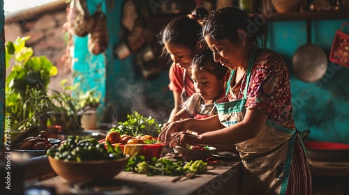 A Latin family bonding over cooking with their kids in the kitchen at their home in Mexico, with Hispanic culture. photo