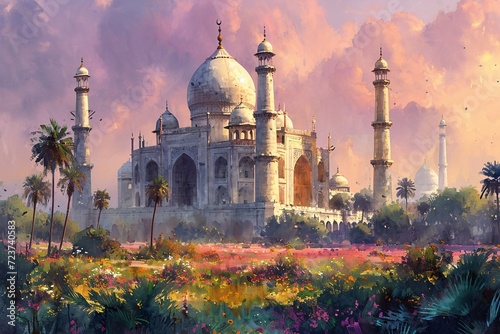 Pink Petals and White Walls: A Tranquil Taj Mahal Moment Generative AI photo