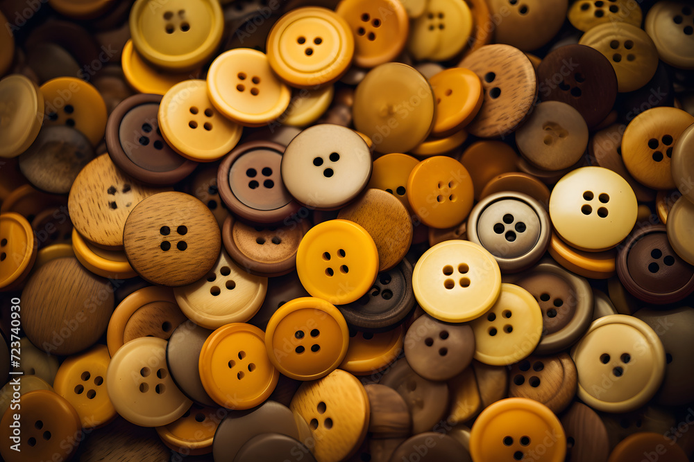 a pile of buttons on a wooden surface a pile of buttons on a wooden surface