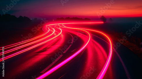 A captivating image of cars leaving luminous trails along a curved night road, achieved through a prolonged exposure