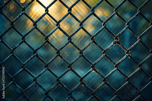 Metallic mesh pattern illuminated by sunlight with intricate fence details and background lighting.