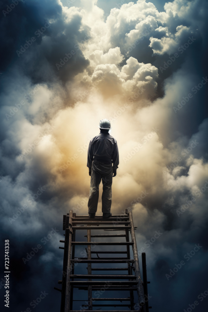 Abstract worker on the ladder leading to the sky Abstract worker on the ladder leading to the sky