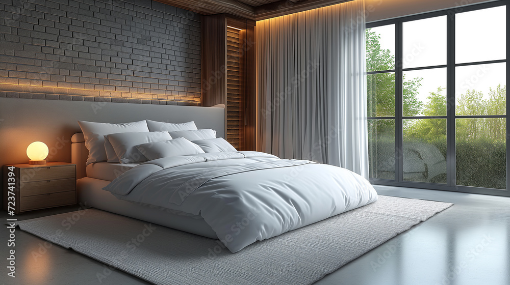 Morning sun illuminates minimalist bedroom interior Morning sun illuminates minimalist bedroom interior