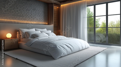 Morning sun illuminates minimalist bedroom interior