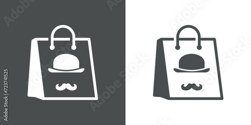 Logo moda de caballero. Silueta de sombrero bombín y bigote en bolsa de la compra de papel
