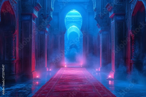 Glowing Pathway in a Grand Hallway: A Blue Moonlit Night Generative AI