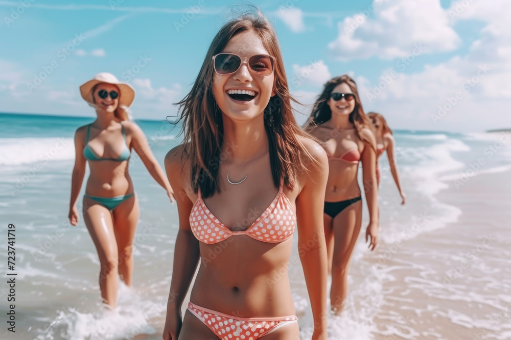 Happy friends in bikini having fun smilling and enjoying walk along beach