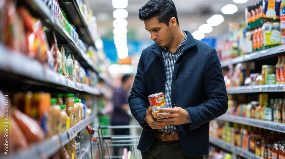 man in a grocery store aisle, carefully examining a product he is holding in his hands