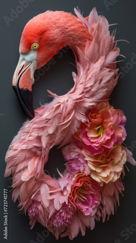 number eight made from pink flamingo feathers, March 8, international women's day, card, symbol, holiday, congratulation, bird, beauty, plumage, background, design, illustration, celebration, gentle