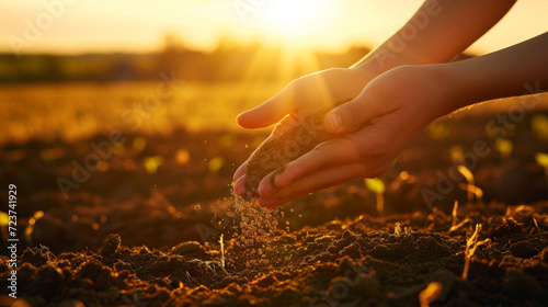 pair of hands gently releasing soil against a backdrop of a sunset over a field