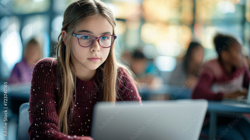 young female student wearing glasses, working on a laptop in a classroom environment