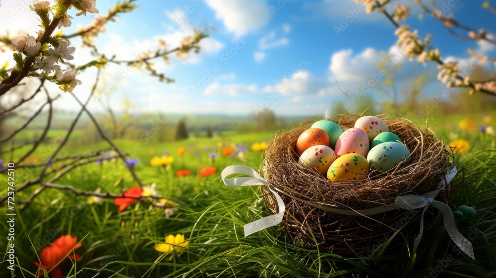 Easter eggs in a nest among the flowers and the trees Easter eggs in a nest among the flowers and the trees