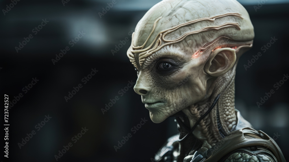 Alien in military clothes with non-human biological entity concept. Generative ai