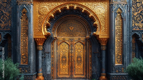 Golden Archway with Intricate Designs and Arabic Decorations Generative AI photo
