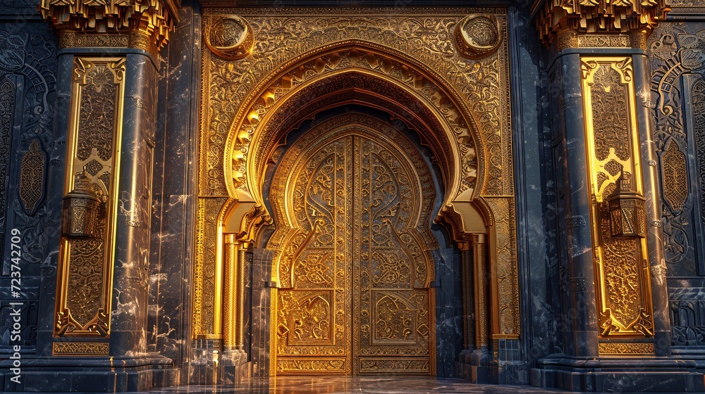 Golden Archway with Arabic Designs: A Stunning Archway for Monthly Events and Trendy Decor Generative AI