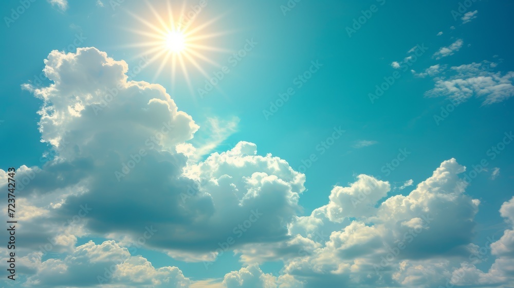 Blue sky and white clouds with sun shining brightly