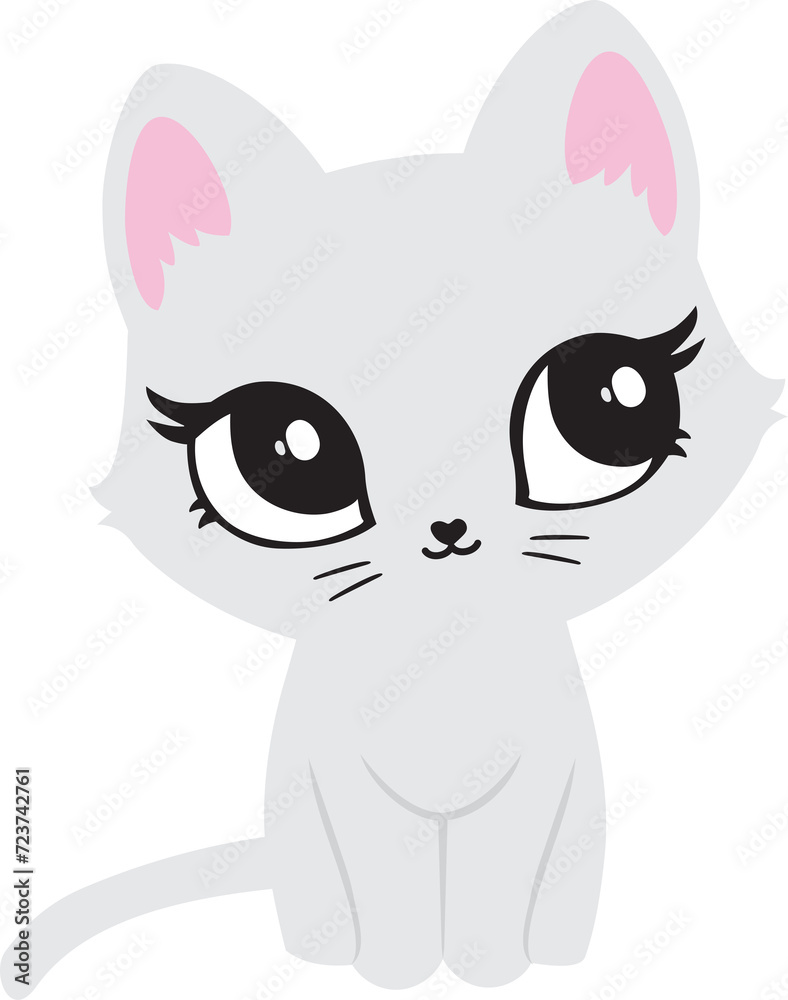 Obraz premium Illustration of cute cat, kitten. Baby, child, cute portrait. Little face, little animal, pet. White character, black graphic. Stickers, wall art, kids room decoration, cutie full face, small kitty