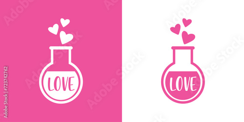 Logo del día de San Valentín. Poción de amor. Botella de cristal con líquido con palabra LOVE y corazones para su uso en felicitaciones y tarjetas
