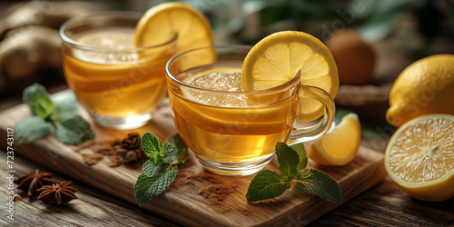 Tee in Glas Tasse und frischer Zitrone als Heilmittel aufgeschnitten, ai generativ photo