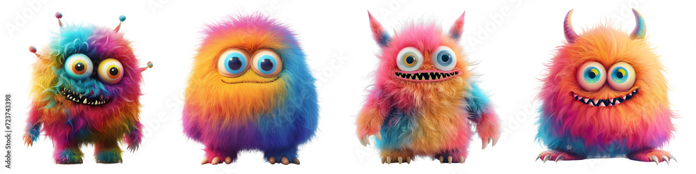 Collection of colorful furry and cute monster, 3D render character cartoon style Isolated on transparent background