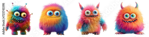 Collection of colorful furry and cute monster, 3D render character cartoon style Isolated on transparent background