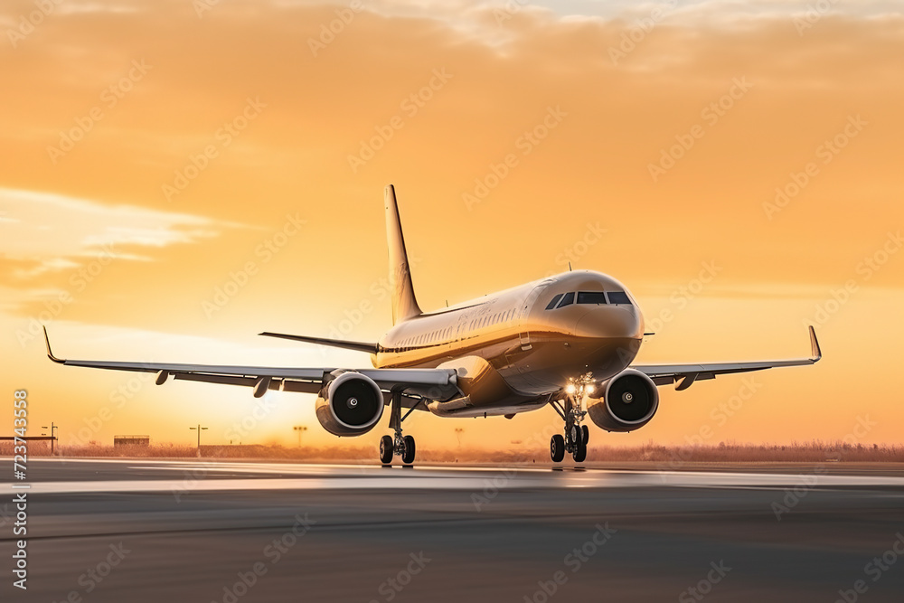 a commercial airplane landing during a golden sunset, beautifully illuminating the aircraft against the vibrant sky, ai generative a commercial airplane landing during a golden sunset, beautifully illuminating the aircraft against the vibrant sky, ai generative