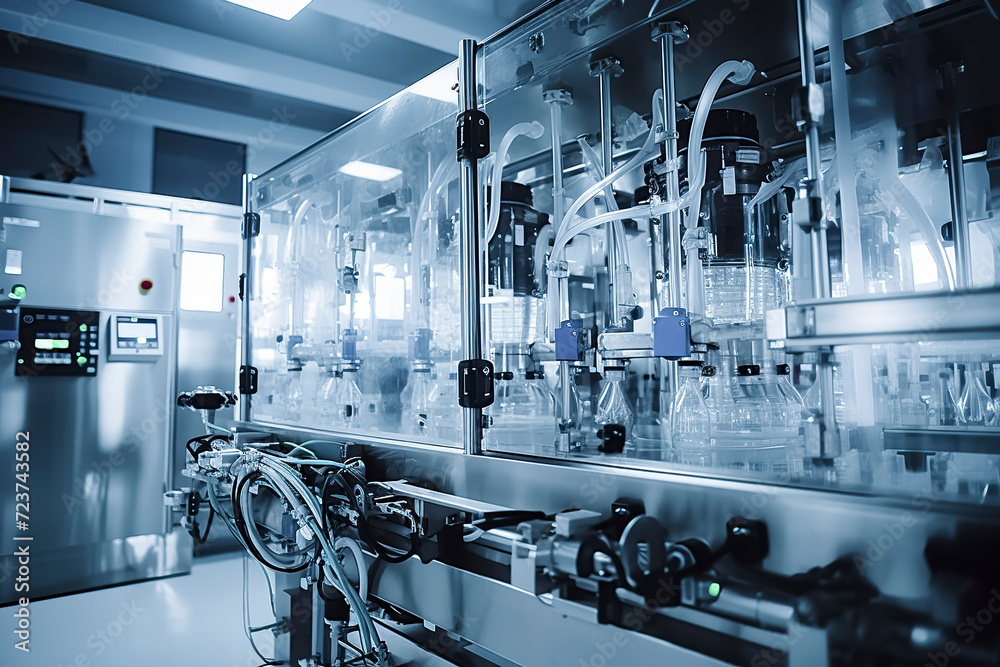 Fototapeta premium a modern automated laboratory with intricate machinery, tubing, and transparent containers, illuminated in a cool blue tone, ai generative