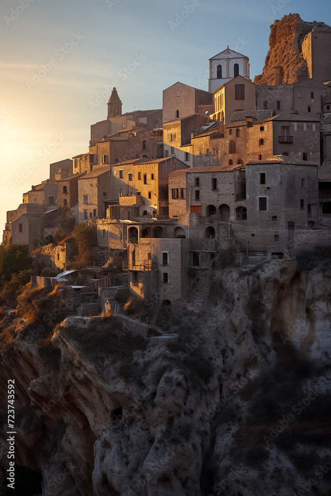an ancient village built on a steep, rocky cliff, bathed in the warm glow of the setting sun, ai generative
