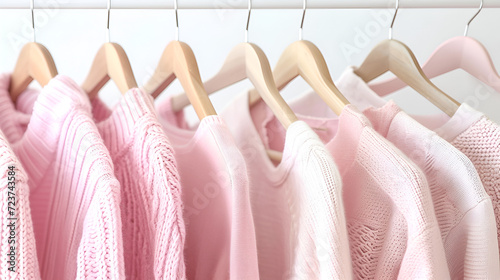 Feminine clothes in pastel pink color on hanger on white background. Elegant dress, jumper, shirt and other fashion outfit. Spring cleaning home wardrobe. Minimal concept. generative ai