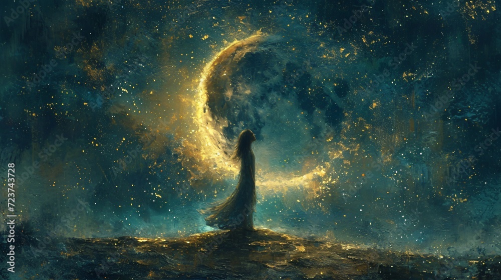 Obraz premium Glowing Girl in a Dress Under a Full Moon Generative AI