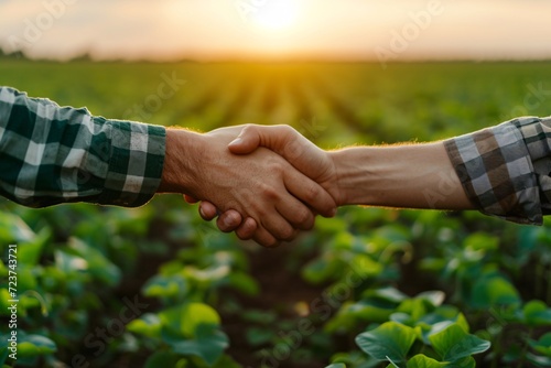 Two agriculturists in soybean field making deal with handclasp.