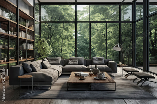 modern living room with floor-to-ceiling windows overlooking a lush forest, furnished with a grey sectional sofa and a wooden coffee table. ai generative © larrui