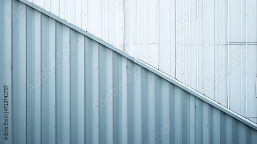 Corrugated metal walls of industrial building. Pitched roof. Abstract modern architecture in minimal style. Material geometric pattern with triangles, polygons, angular structure and parallel lines