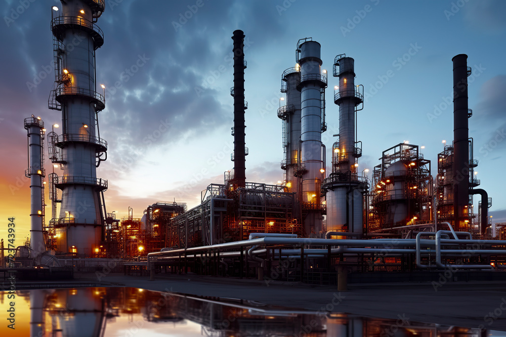 a complex oil refinery with towering structures, illuminated against a dramatic sunset, reflected on calm water, ai generative