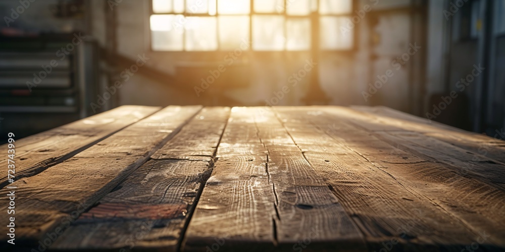 Vintage wooden table in a rustic workshop, captured in a retro photo with a mix of light and dark tones. - obrazy, fototapety, plakaty 