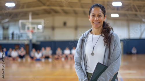female coach holding a clipboard is standing in a gymnasium with a group of students seated on the floor in the background photo