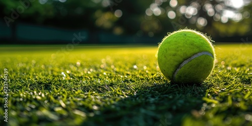 Tennis ball on green grass with sunlight casting shadows, depicting sports, leisure, and outdoor activities. © ardanz
