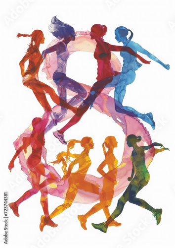 number eight made from figures of female athletes  March 8  women s day  sport  runner  marathon  running  training  feminism  holiday  girls  woman  illustration  legs  sportswoman
