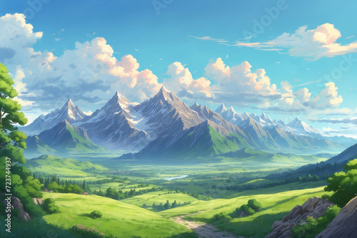Mountains in summer when they are green in anime style