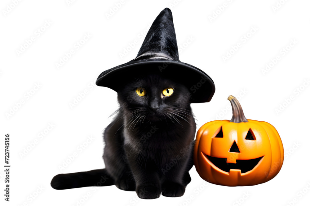 Obraz premium Black cat in halloween hat lying on the floor isolated on white background. Generative AI.
