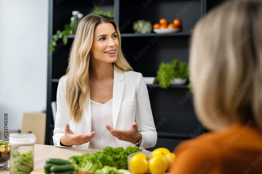 Nutritionist gives tips on how vegan products improve health. Young woman makes complex nutritional concepts accessible to woman visitor