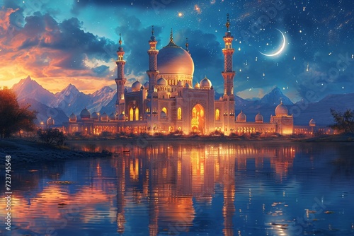 Foto Glowing Mosque at Night: A Stunning View of the Grand Mosque in the Middle East