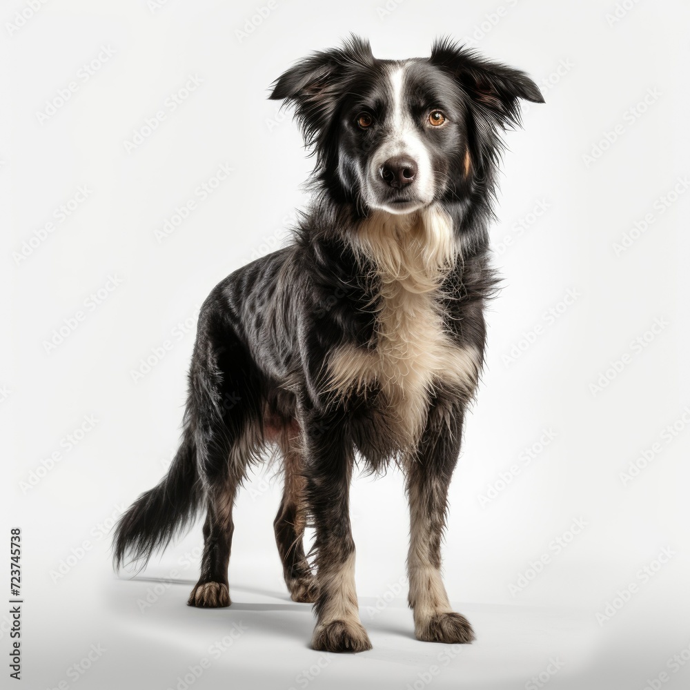 Portrait of a black and white Border Collie dog standing against a white background, looking attentively at the camera.