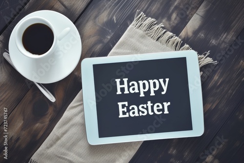 "Happy Easter" spelled out in a modern digital font on a sleek, touchscreen device 