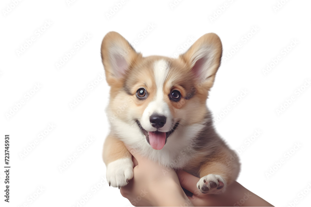 Cute corgi dog looking to the camera while being held by his owner at the vet clinic, selective focus, copy space. Pet health care concept 3d rendring isolated on white background. Generative AI.