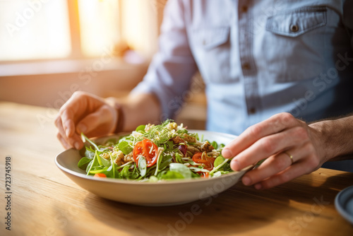 Sporty man prefers healthy vegetarian salad at home. Man takes moment to appreciate variety and freshness of healthy vegetarian meal in kitchen  close-up