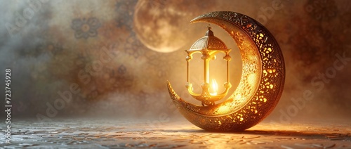 Golden Lamp with Moon and Star, Celebrating the Spirit of Ramadan Generative AI