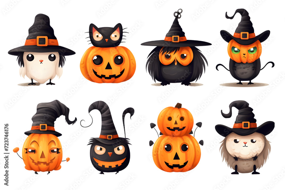 Cute Funny halloween set collection isolated on white background. Generative AI. Cute Funny halloween set collection isolated on white background. Generative AI.