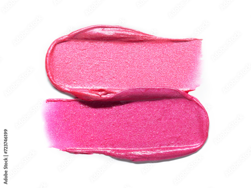 Fototapeta premium Pink red shimmering lipstick texture stroke composition isolated on white background. Cosmetic product swatch
